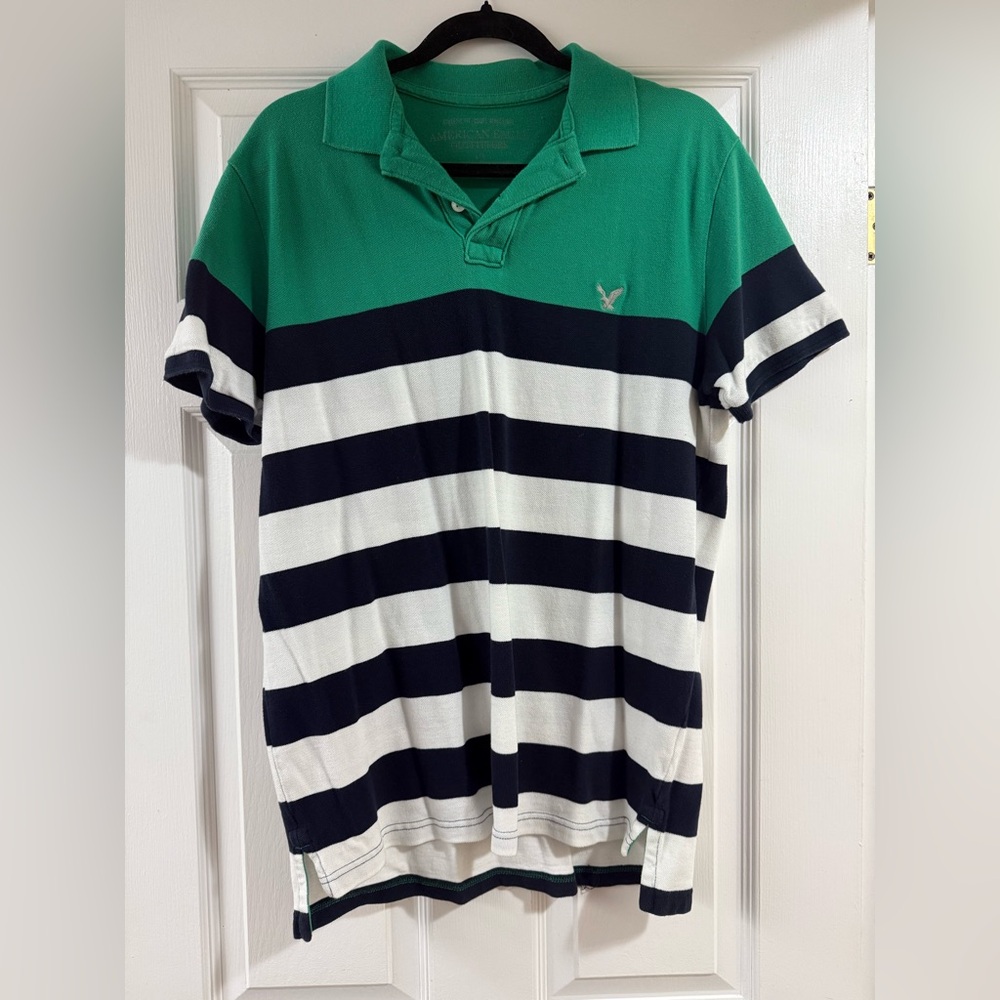 Vintage Men's Green and White Striped Polo Shirt